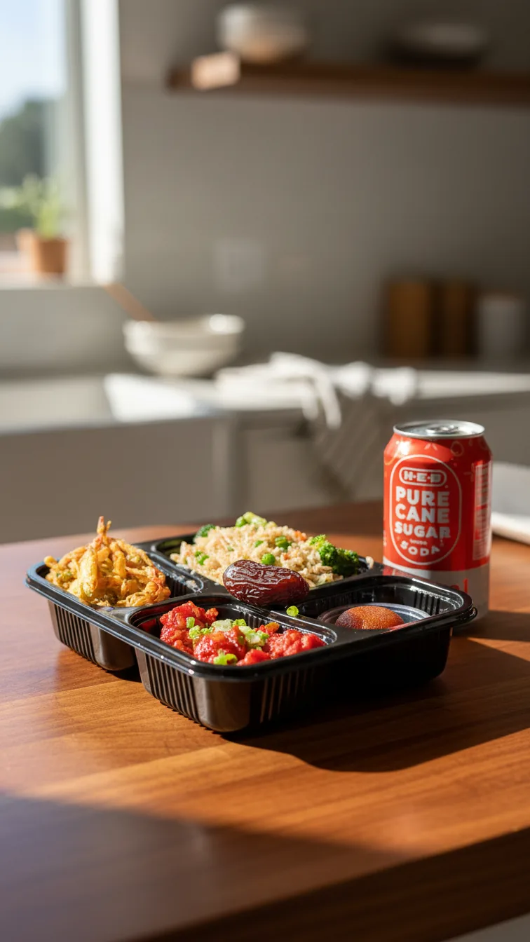 An individually boxed meal — pakora, fried rice, chilli chicken, a date and dessert