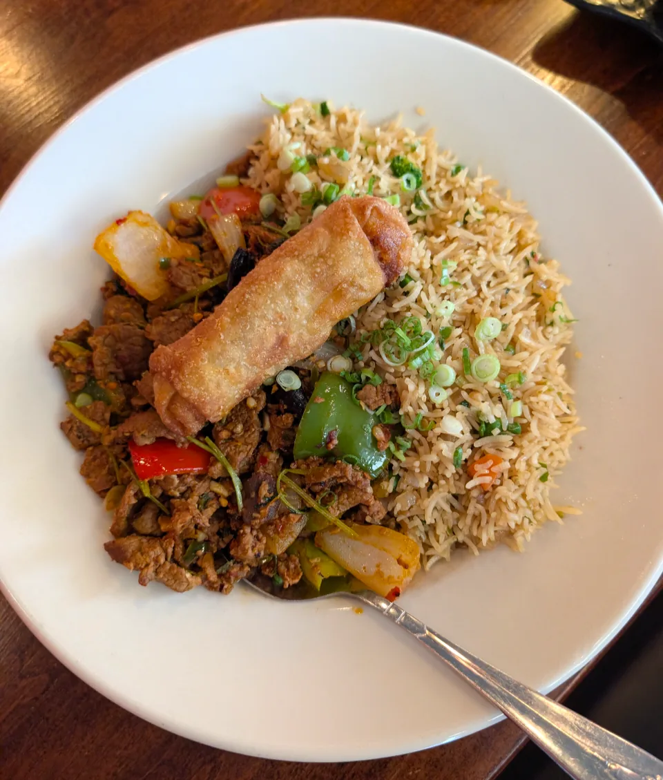 A served plate — beef entree, fried rice and a spring roll