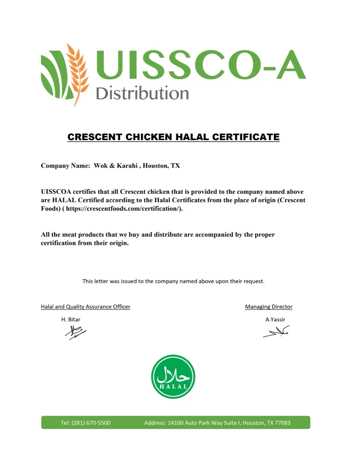 UISSCO-A Crescent Chicken halal certificate for Wok & Karahi