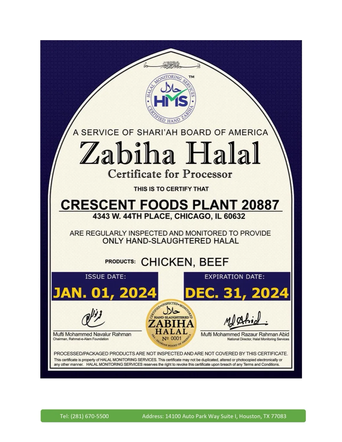 Crescent Foods Plant 20887 Zabiha Halal certificate (chicken, beef)