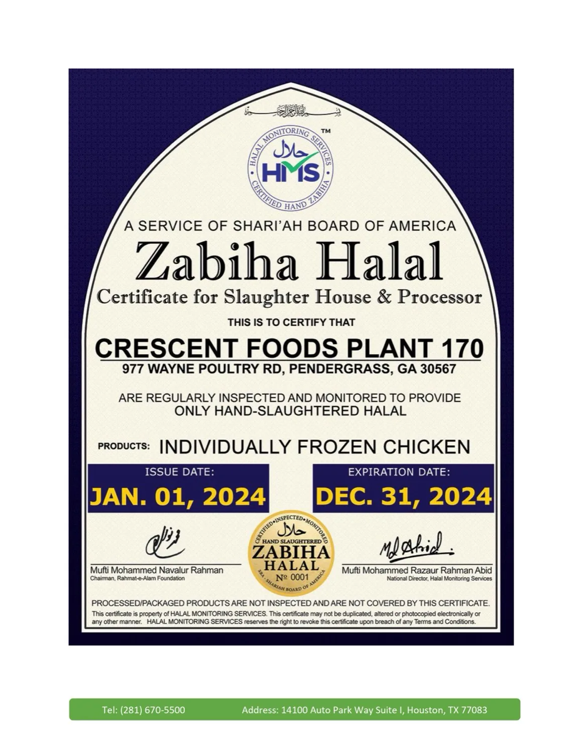 Crescent Foods Plant 170 Zabiha Halal certificate (individually frozen chicken)